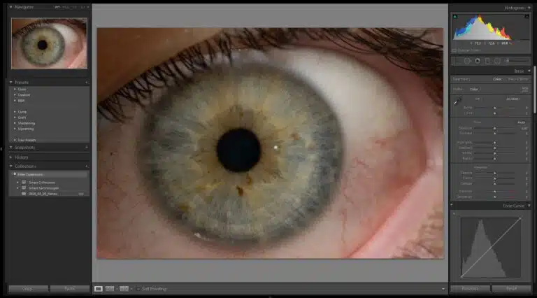 A screenshot of the Lightroom interface, showing the adjustments and tools used for editing iris photographs. The iris is in sharp focus, and the vibrant colors and intricate patterns are clearly visible.